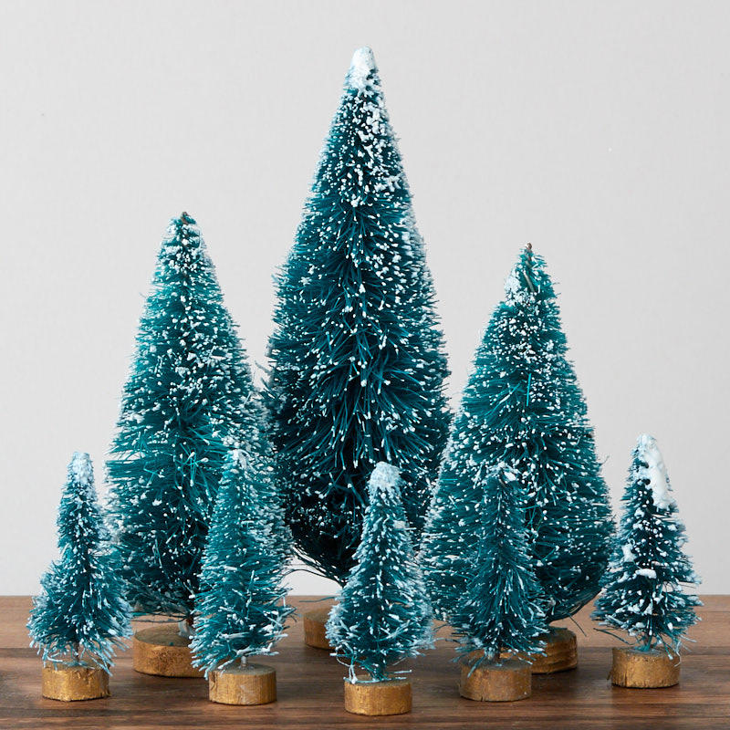 Assorted Frosted Green Bottle Brush Trees (Set of 8) - 1-1/4" to 4"